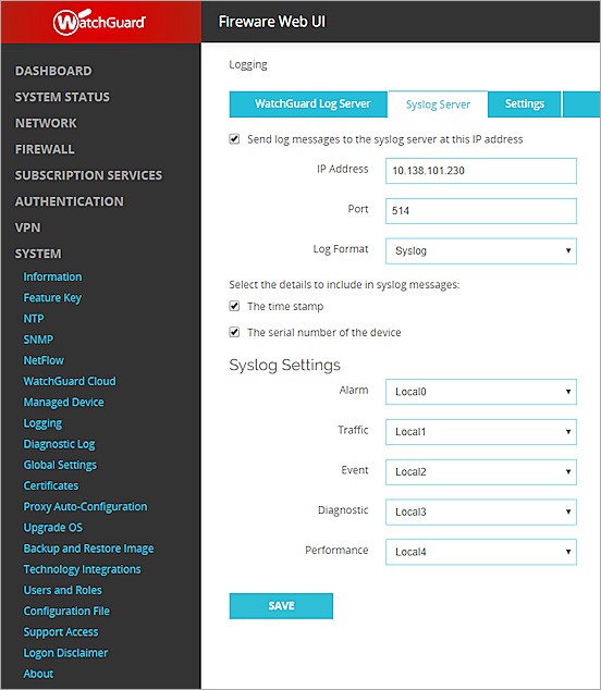 Screenshot of the Logging settings in Fireware Web UI
